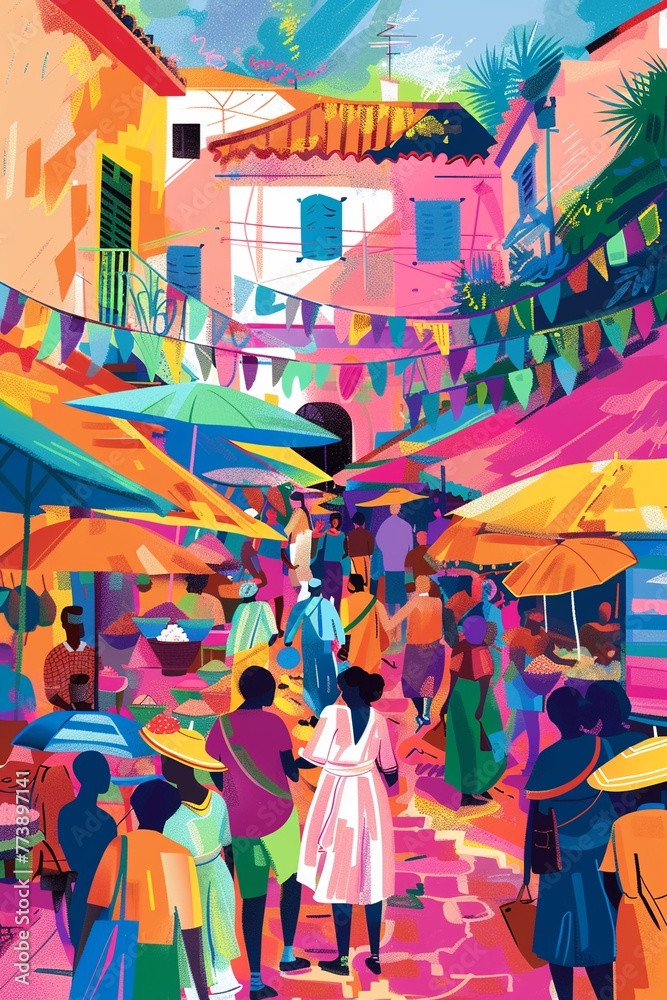 Colorful market scene, illustrated in vertical format, celebrating cultural diversity