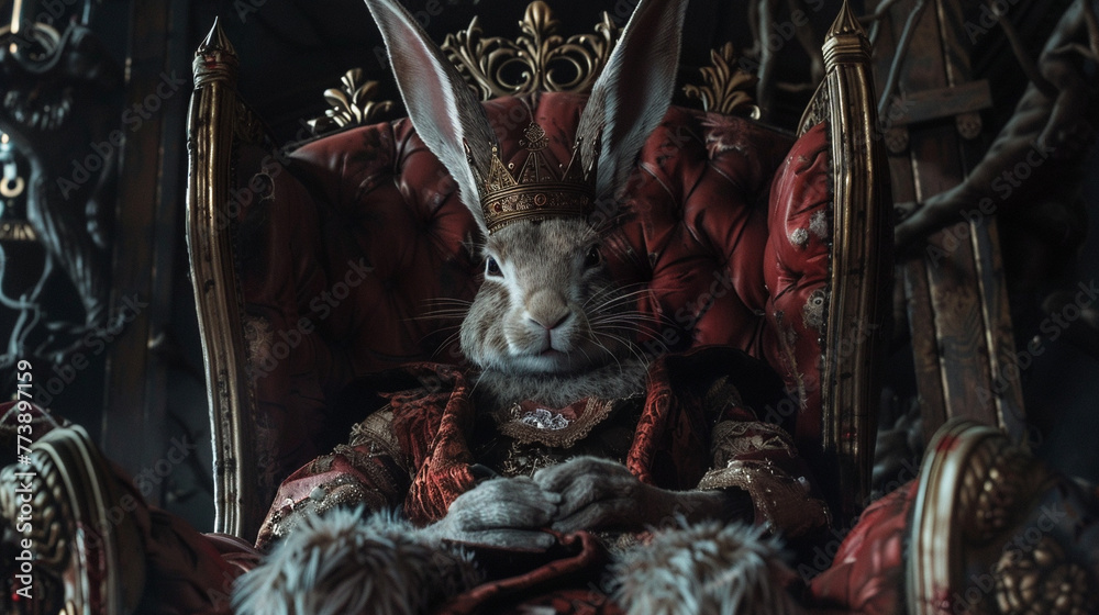 Rabbit as king Rabbit in a crown on a throne, ruling a burrow kingdom, symbolizing quickwitted governance in a fantastical realm , hyper realistic, low noise, low texture