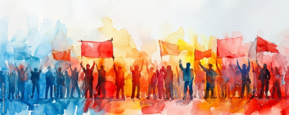 Colorful watercolor painting of a protest march. Young people are fighting for human rights, gender equality and against climate change, Generative AI - obrazy, fototapety, plakaty 
