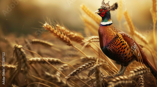 Pheasant as king Pheasant with a regal crown, on a throne of wheat, symbolizing rustic nobility and fertile dominion , hyper realistic, low noise, low texture