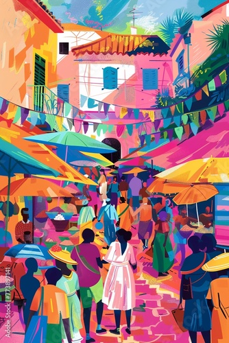 Colorful market scene, illustrated in vertical format, celebrating cultural diversity © kraphix
