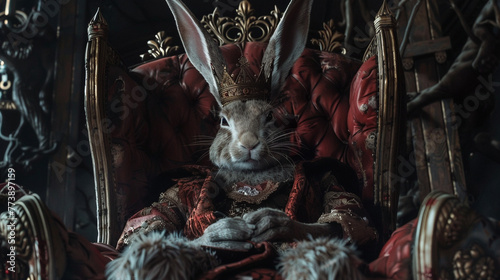 Rabbit as king Rabbit in a crown on a throne, ruling a burrow kingdom, symbolizing quickwitted governance in a fantastical realm , hyper realistic, low noise, low texture photo