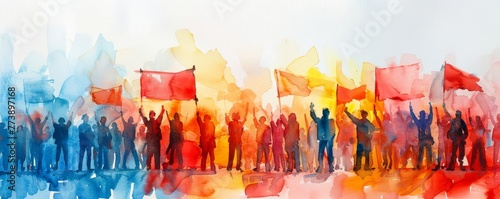 Colorful watercolor painting of a protest march. Young people are fighting for human rights, gender equality and against climate change, Generative AI photo