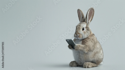 Rabbit with smartphone Quickfingered rabbit texting rapidly
 photo