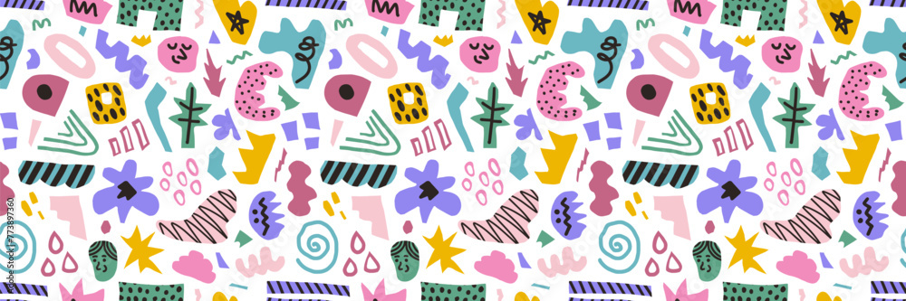Abstract seamless pattern of colorful hand drawn various shapes, curls, forms and doodle objects. Modern vector background