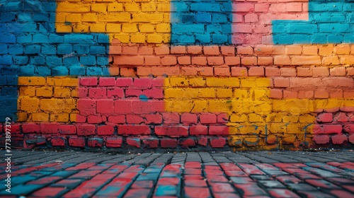 Colorful Brick Wall Background with Graffiti: Urban Art on Aged Stone Surface