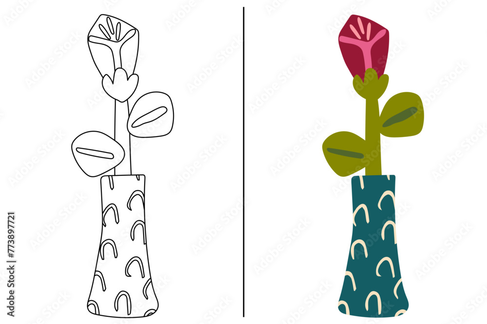 Coloring hand drawn rose flower in a vase on a white. childrens coloring book Coloring hand drawn rose flower in a vase on a white. childrens coloring book