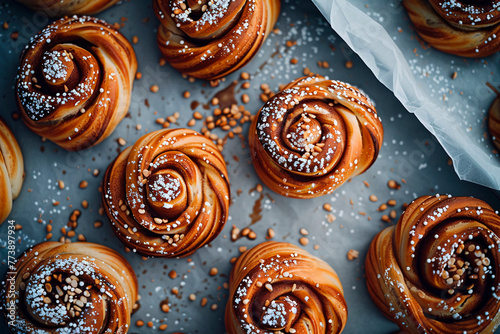 Intricately swirled caramel pastries with sprinkled sugar, presenting a visual feast with their golden spirals photo