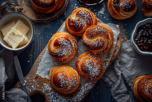 Top-down view of cinnamon buns dusted with powdered sugar on a wooden board with butter and jam photo