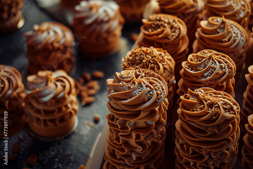 A close-up shot of chocolate meringue swirls topped with nuts, highlighting the textures and patterns photo