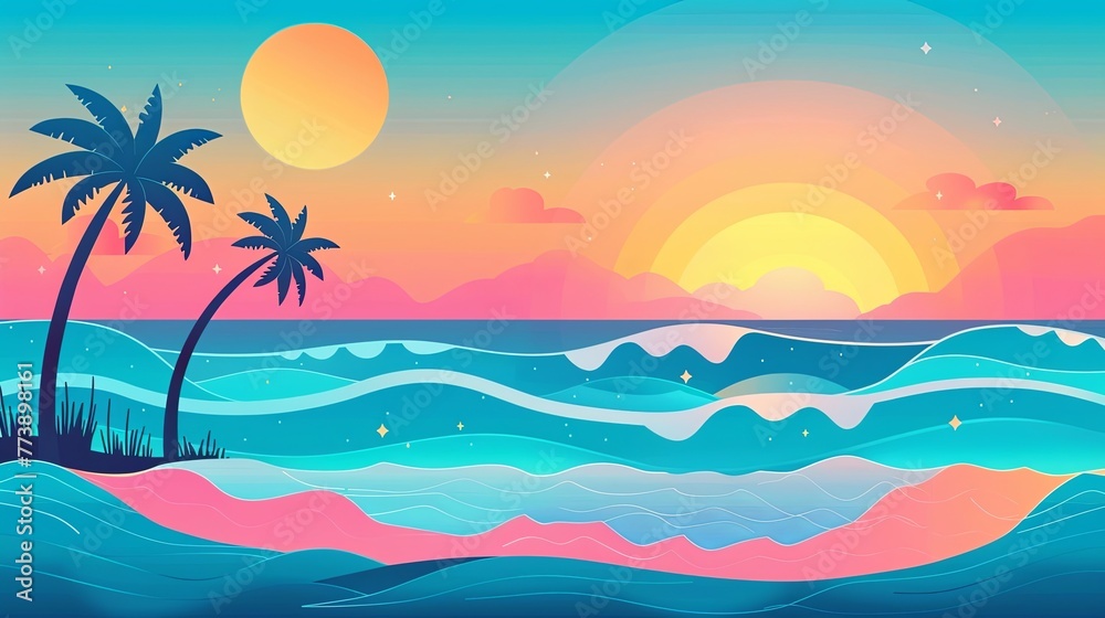 Beach sunset background illustration with palm trees and ocean waves, using a flat design with simple shapes and colors