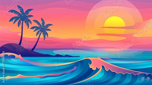 Beach sunset background illustration with palm trees and ocean waves  using a flat design with simple shapes and colors