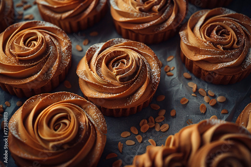 Apple slices are intricately arranged to resemble roses atop these delectable tarts, garnished with scattered almonds photo