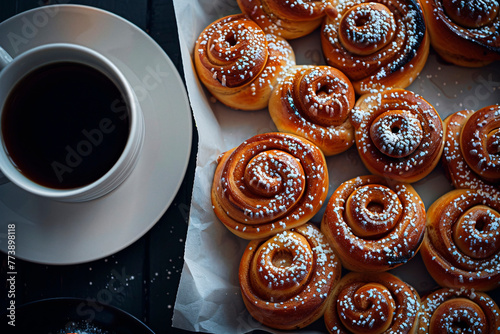 An appealing composition of cinnamon rolls dusted with sugar next to a cup of black coffee, suggesting a perfect breakfast photo