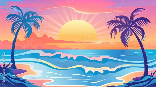 Beach sunset background illustration with palm trees and ocean waves, using a flat design with simple shapes and colors