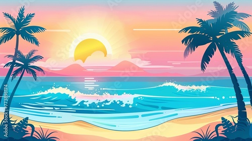 Beach sunset background illustration with palm trees and ocean waves  using a flat design with simple shapes and colors