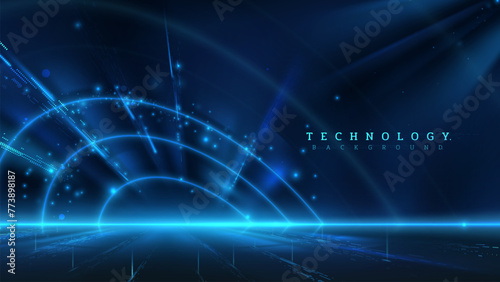 Blue neon arcs in a digital landscape with particles, suggesting a fast data network or futuristic interface. Tech background.
