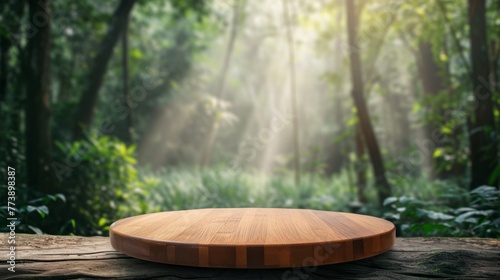 A beautiful mockup setting featuring a round wooden table in a sun-drenched forest, ideal for product and nature-themed displays.