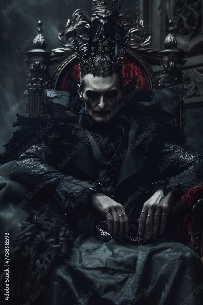 Vampire as king Vampire with a dark crown, reigning from a gothic throne, embodying nocturnal elegance and ageless dominion , hyper realistic, low noise, low texture - obrazy, fototapety, plakaty 