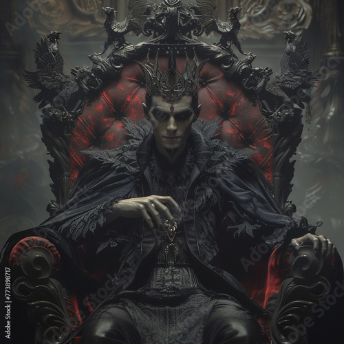 Vampire as king Vampire with a dark crown, reigning from a gothic throne, embodying nocturnal elegance and ageless dominion , hyper realistic, low noise, low texture photo