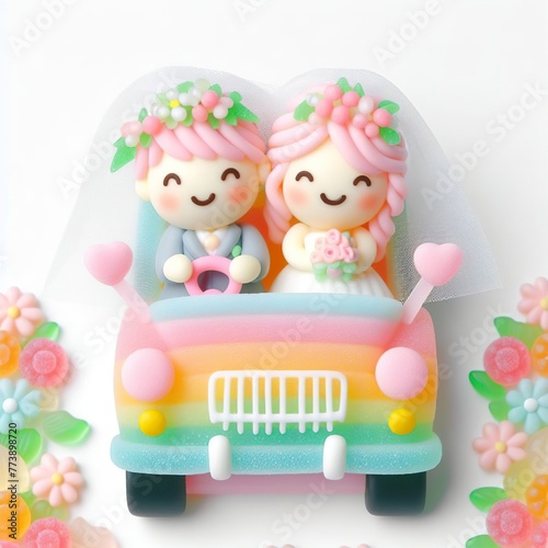 a cute wedding couple in driving made of pastel color rainbow gummy candy with flowers around on a white background