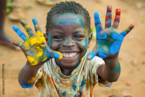 Young Child Artist  African Boy Laughing with Blue Artistic Hands Painting