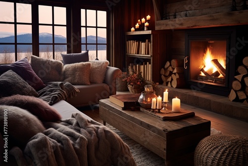 Snug Feel: Cozy Hygge Winter Cabin Living Room Ideas with Flickering Candles