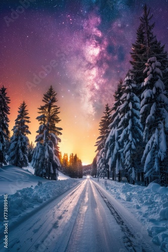 Winter Trees and the Majestic Milky Way: A Road Leading to a Colorful Sunrise © AIGen