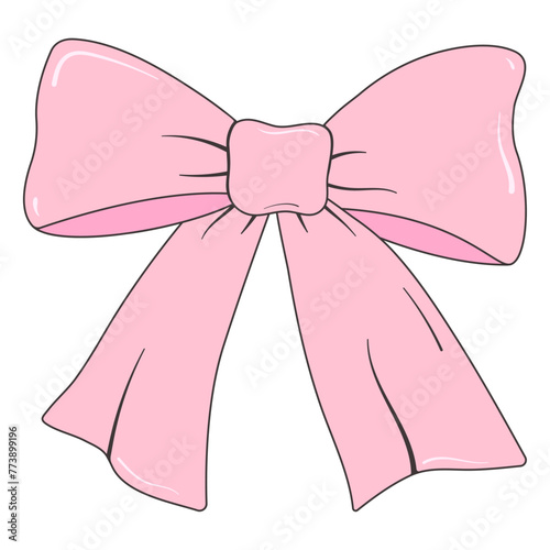 Cute Coquette Pink Bow. Vector Hand drawn Bow. Pink Bowknot for Gift. Ribbon collection for Present. Doodle Pink Bow in y2k style. Coquette Aesthetic. Vintage Bow Coquette Girly. Vector illustration.