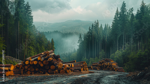 A wide landscape of forestry shows pine and spruce trees towering above, with the foreground dominated by a substantial pile of log trunks, representing the timber wood industry photo