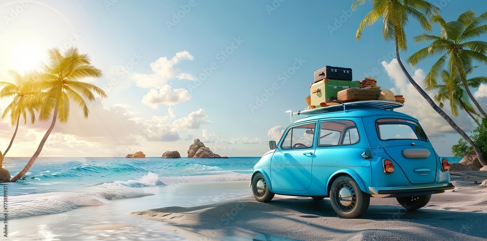 A blue car with luggage on the roof stands at an island beach on a sunny day, with the sea and sky in the background