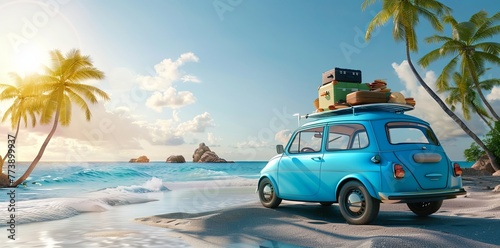 A blue car with luggage on the roof stands at an island beach on a sunny day, with the sea and sky in the background