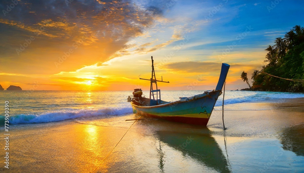 sunset on the beach wallpaper texted Fishing boat in tropical beach with beautiful sunset time.