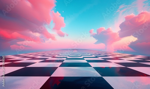 Pink Clouds Over a Checkered Sky A Colorful and Vibrant Scene for Monthly Events and Trendy Themes Generative AI