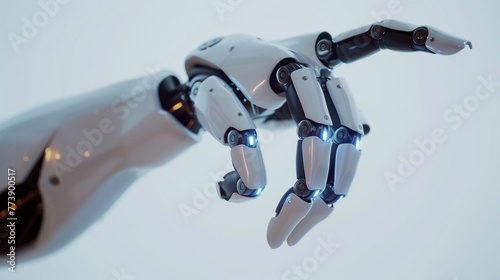 Advanced robotic hand pointing, symbol of artificial intelligence, isolated on white, ample copy space