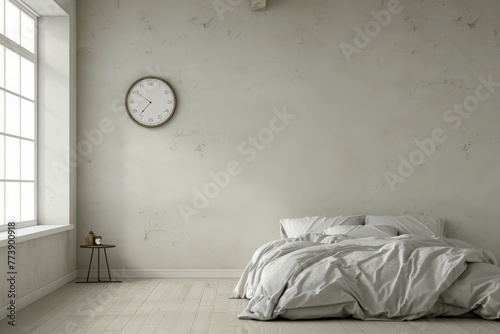 Minimalistic bedroom with a clock indicating a late hour, symbolizing sleeplessness © olga_demina