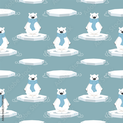 Seamless pattern with cute polar bears on an ice floe on a blue background. Design for print, textile, fabric. Vector