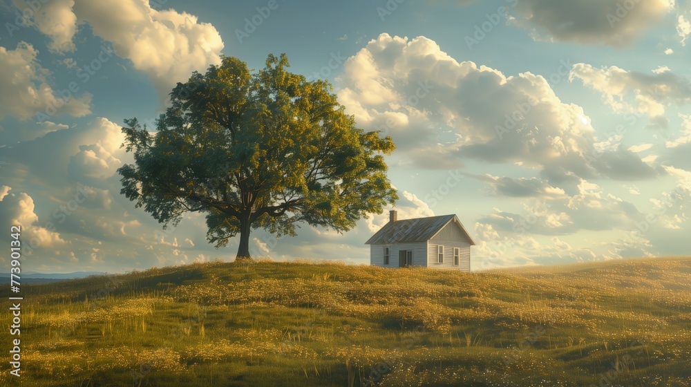 Fototapeta premium Lonely rural house and tree in the field