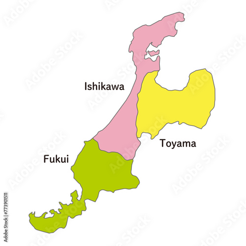 北陸地方の各県の地図、アイコン、英語の県名入り