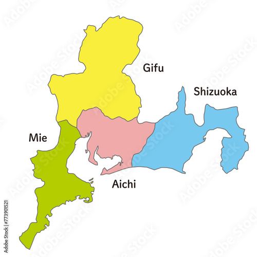 東海地方の各県の地図、アイコン、英語の県名入り