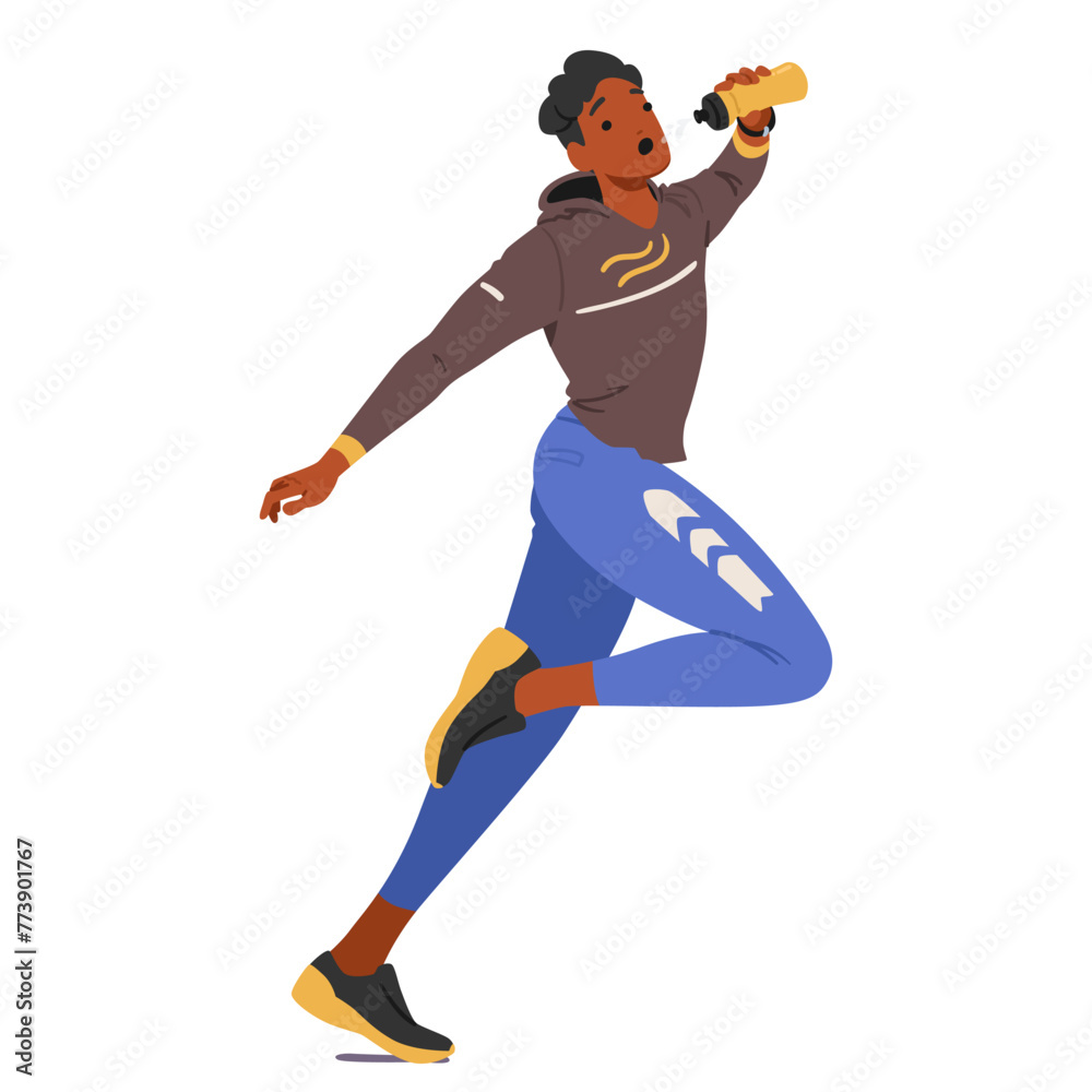 Young Male Runner Character Tilting His Head Back Slightly, A Water Bottle To His Lips, Replenishing Hydration Young Male Runner Character Tilting His Head Back Slightly, A Water Bottle To His Lips, Replenishing Hydration