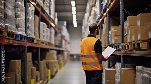 Warehouse worker checking inventory in a large distribution center