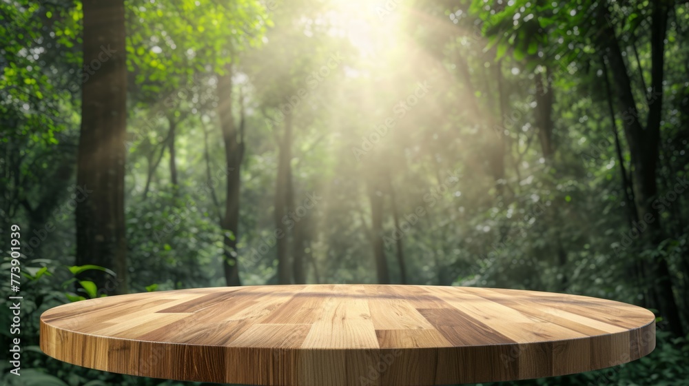 A beautiful mockup setting featuring a round wooden table in a sun-drenched forest, ideal for product and nature-themed displays. A beautiful mockup setting featuring a round wooden table in a sun-drenched forest, ideal for product and nature-themed displays.
