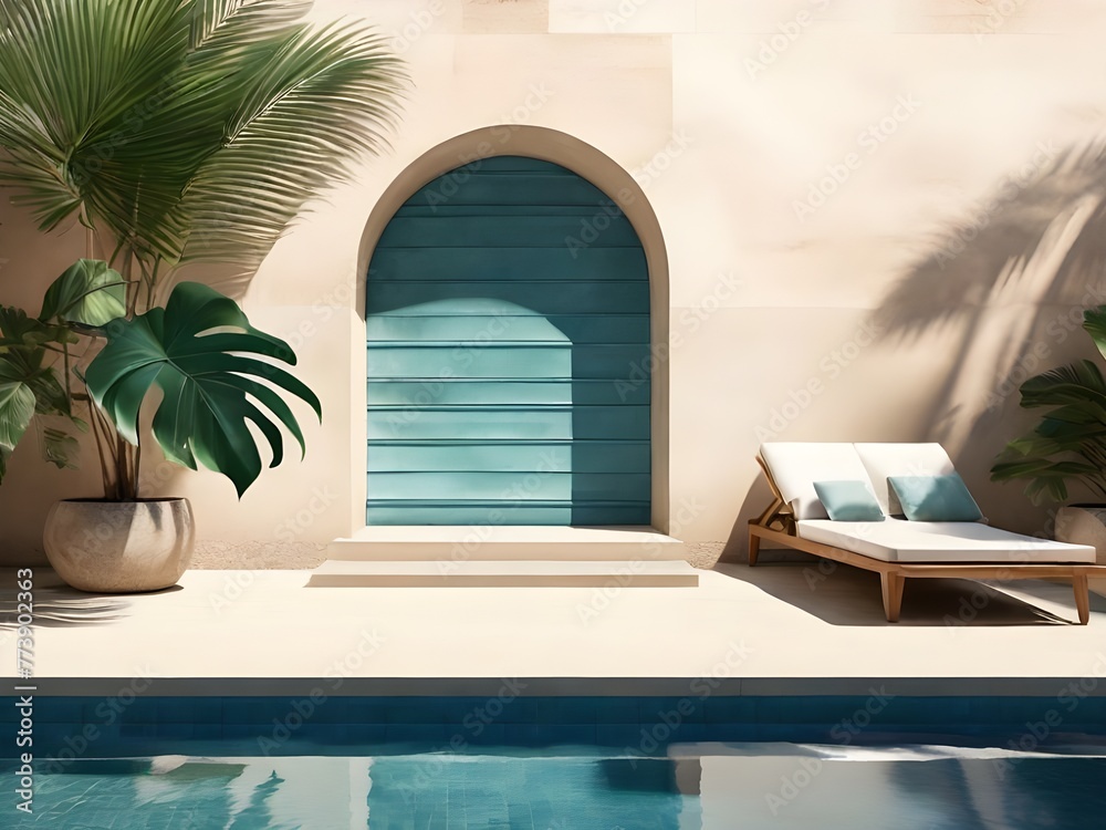 Tropical summer background with concrete wall, pool and palm leaf. Luxury hotel resort exterior. Outdoor vacation holiday house scene.