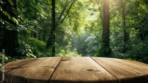 A beautiful mockup setting featuring a round wooden table in a sun-drenched forest, ideal for product and nature-themed displays.