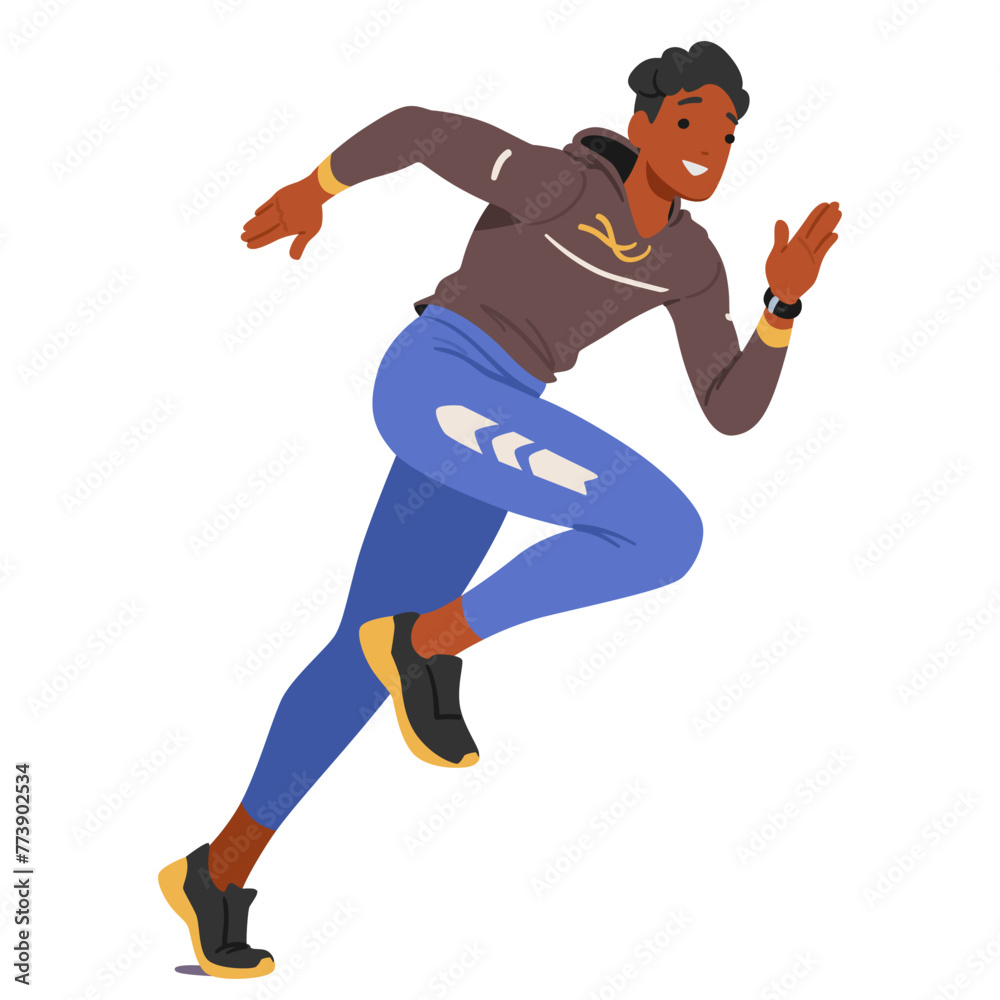 Young Man Athlete Character Dashes Gracefully, His Muscles Flexing With Each Stride, Determination Etched On His Face
