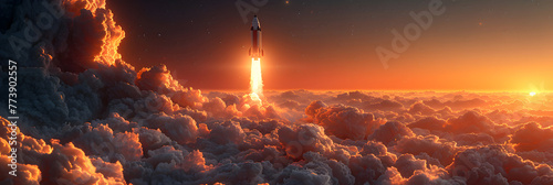 Rocket flies through the clouds at sunset,
Rocket ship sleek design speeding through a galaxy filled with colorful nebulae photo