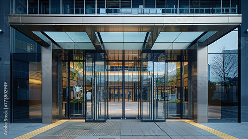 Sleek urban building entrance boasting floor-to-ceiling glass walls and sliding glass doors.