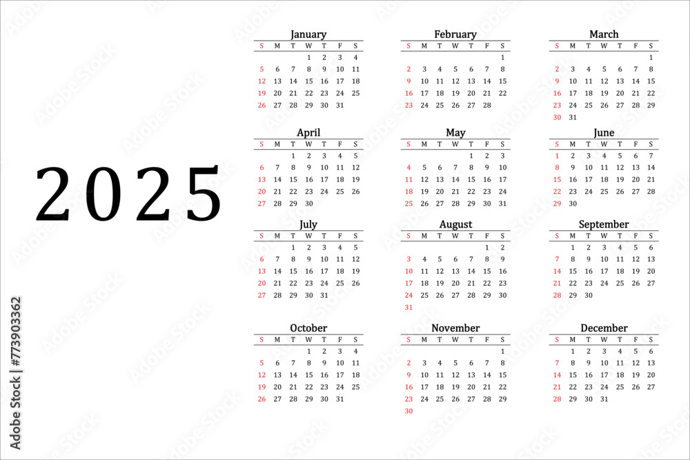 Calendar 2025 in black and white week starting on sunday ready Calendar 2025 in black and white week starting on sunday ready