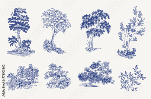 Set of trees and bushes. Vector vintage illustration. Blue and white photo